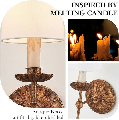 Wall Sconces Set of 2 Antique Brass Wall Lights Vintage Farmhouse Off-White Fabric Wall Lamp for Vanity Stairway Fireplace Living Room Bedside Passway Hallway