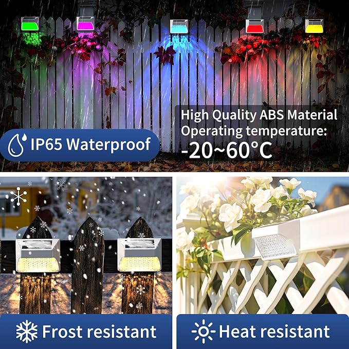 Solar Powered Fence Deck Lights Outdoor Waterproof Led IP65 RGB Color Changing/Warm White Auto On/Off Solar Step Lights for Outside Stair Garden Yard Wall Patio (6 Pack, White)