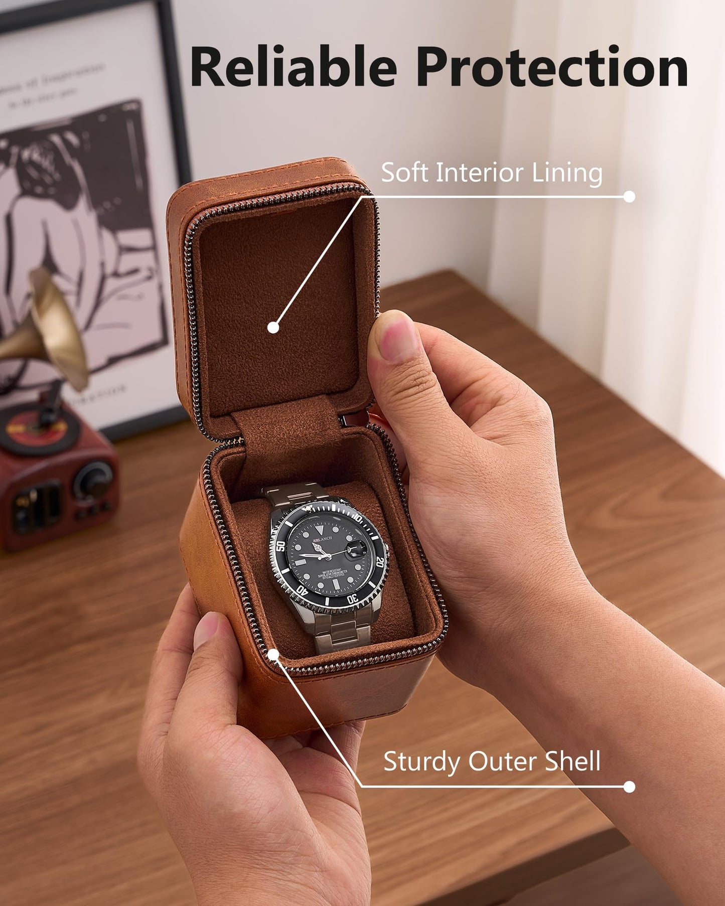 ProCase Single Watch Travel Case for Men, PU Leather Portable Watch Holder, Compact Small Carrying Storage Box for Luxury Watches & Smartwatches with Jewelry Compartment, Fathers Day Gift -Brown
