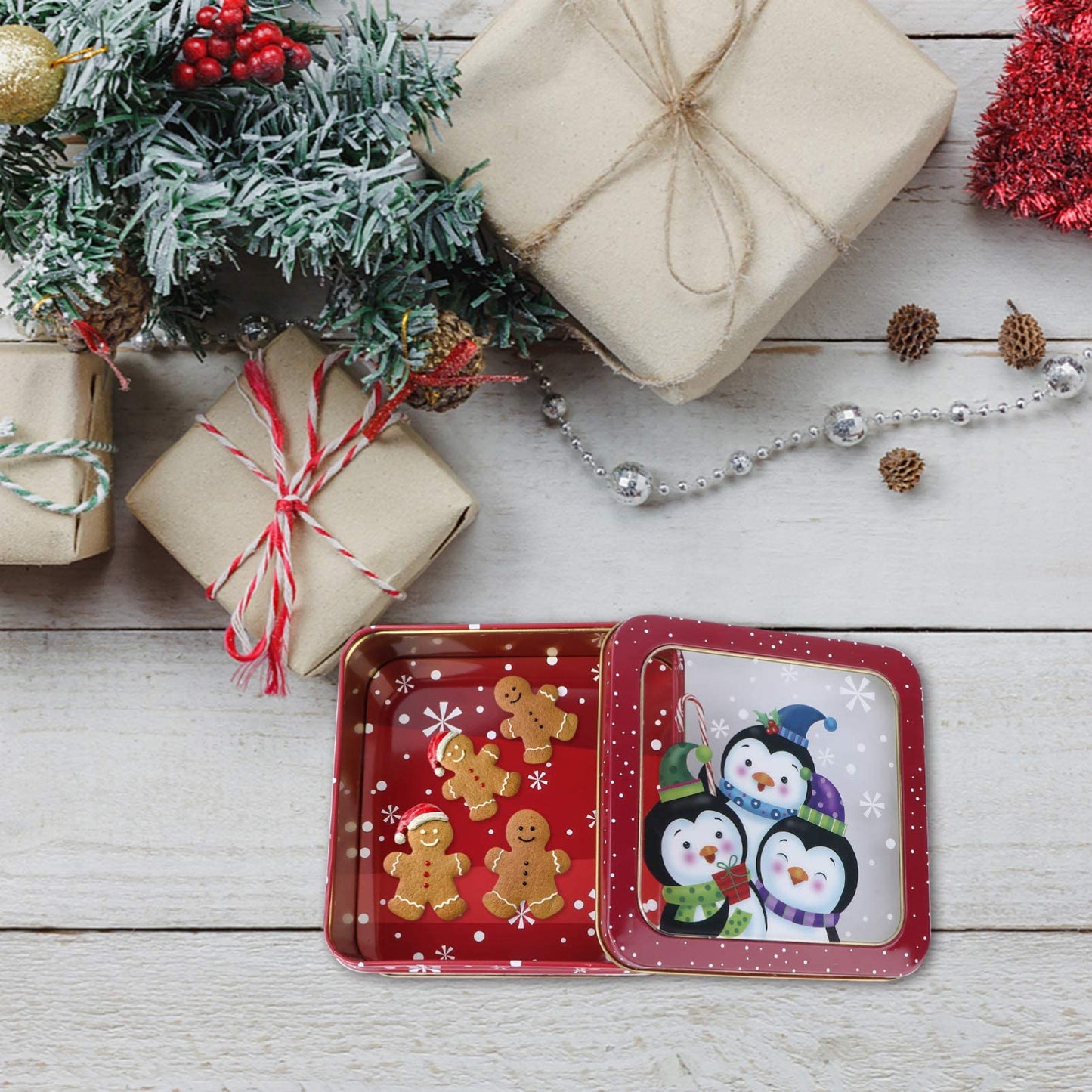 VALICLUD Christmas Candy Tinplate Box 6.10X6.10X2.16In Holiday Cookie Storage Container with Lid Xmas Party Favor Gift Box