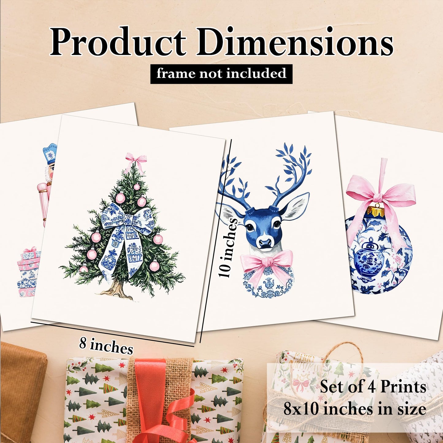 DOFQZ Pink Chinoiserie Christmas Wall Art Prints Set of 4, Grandmillenial Christmas Decor, Preppy Bauble Xmas Tree Nutcracker Reindeer Holiday Posters for Girls Dorm Apartment Decor, 8x10 Unframed