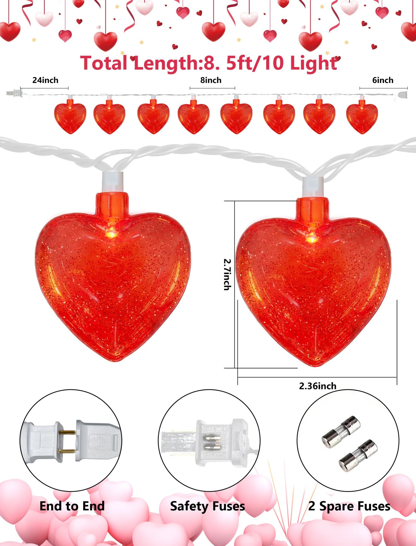 Valentines Red Heart String Lights Plug in, 8.5Ft Outdoor Valentine's Day Decorations Lights with 10 Red Glitter Heart Lights, Hanging Heart Fairy Lights for Indoor Window Wedding Birthday Party Decor