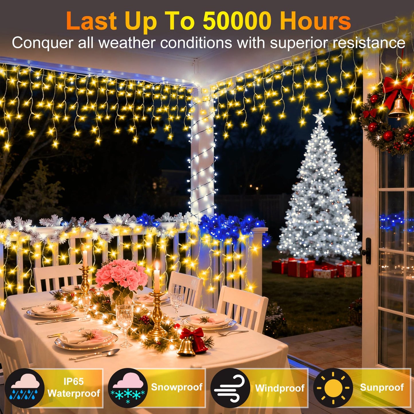 810LED 82ft Christmas Lights, 180Drops 12 Modes Warm White Christmas String Lights Outdoor Dimmable, Waterproof Christmas Decoration Fairy Lights with Timer for Indoor Eaves Party Patio Window Fence
