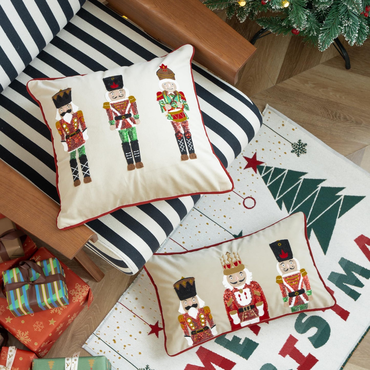 MOCOFO Christmas Embroidered Nutcracker Throw Pillow Cover - Decorative Holiday Cushion Cover (Beige, 12” x 20”)