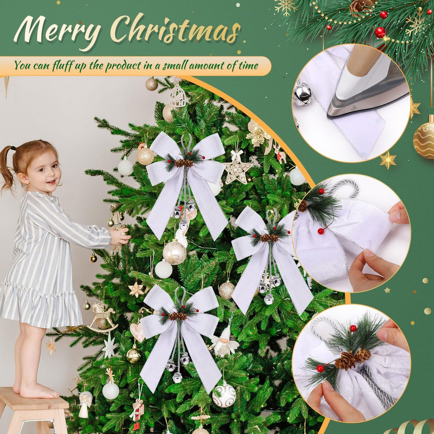 Yinkin Christmas Tree Wreath Bow Christmas Ribbon Bows with Bells 11 x 7.8 in Velvet Pine Cone Bowknot Xmas Tree Hanging Ornaments Decor for Home Xmas Party Outdoor Indoor(White,4 Pcs)