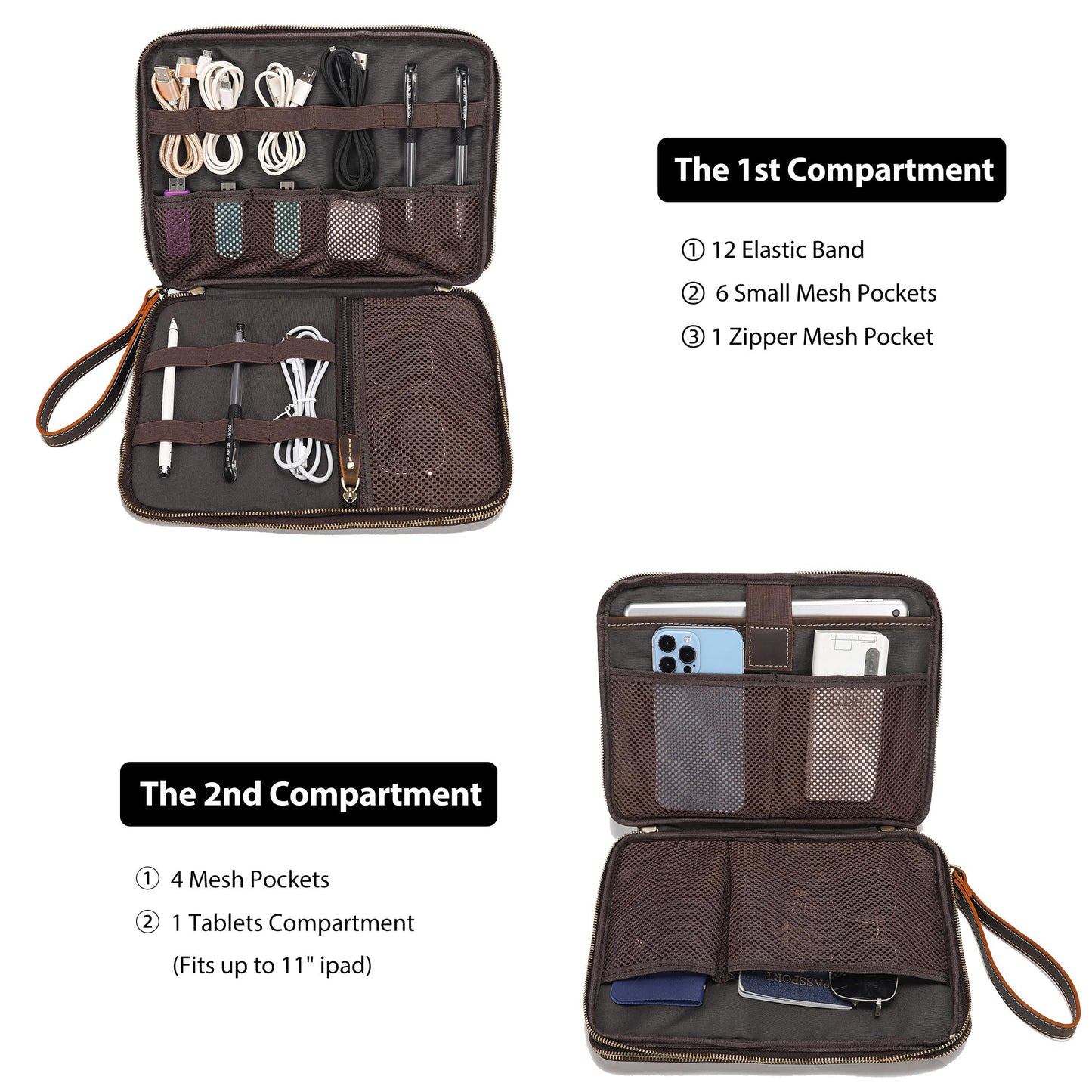 LANNSYNE Full Grain Leather Travel Cable Accessories Bag, Electronic Organizer Carry Case Double Layer Storage Case for Cables, Charger, Phone, Power Bank