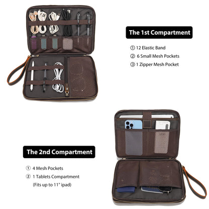 LANNSYNE Full Grain Leather Travel Cable Accessories Bag, Electronic Organizer Carry Case Double Layer Storage Case for Cables, Charger, Phone, Power Bank