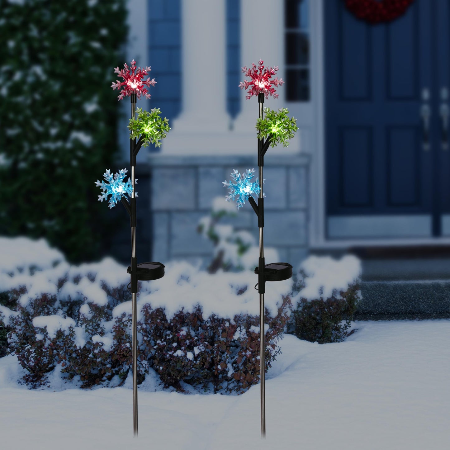 Alpine Corporation 32" Tall Outdoor Tiered Snowflake Garden Solar Stakes with 3 Cool White LED Lights - Set of 2 Christmas Decorations
