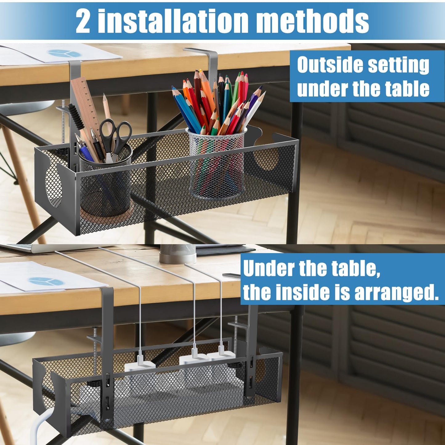 Under Desk Cable Management Tray, No Drill Steel Cord Organizer Kit with 52Pcs Different Essential Accessories for Home Office Standing Desk (13.4inch, Black)
