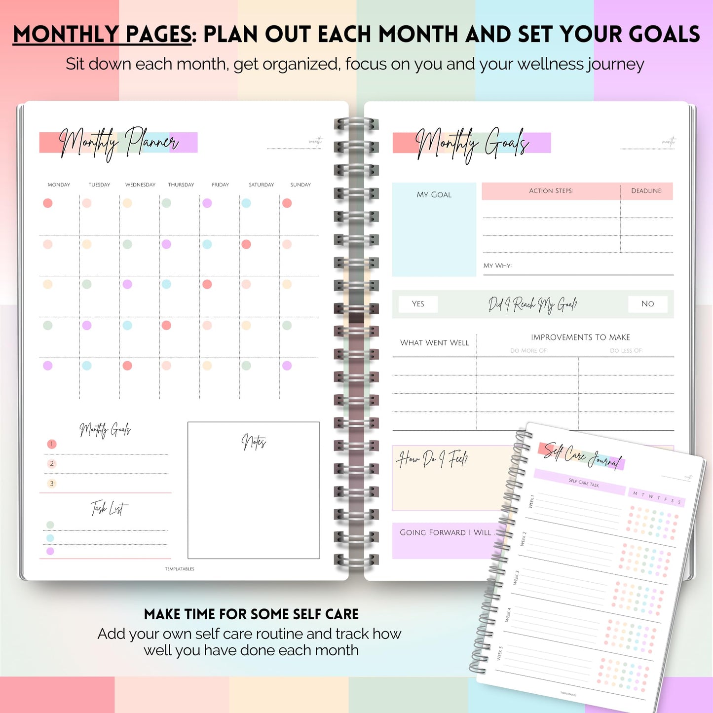 Wellness Journal - 90 Day Health, Fitness, Gratitude, Mindfullness, Wellbeing, Habit, Goals, Diet & Food Tracker - A5 (Pastel Rainbow)