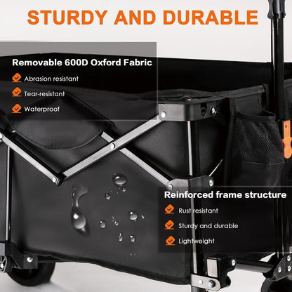Uyittour 140L Collapsible Wagon Cart Foldable, Folding Utility Grocery Cart with Side Pocket and Brakes for Shopping, Sports, Camping and Garden, Black