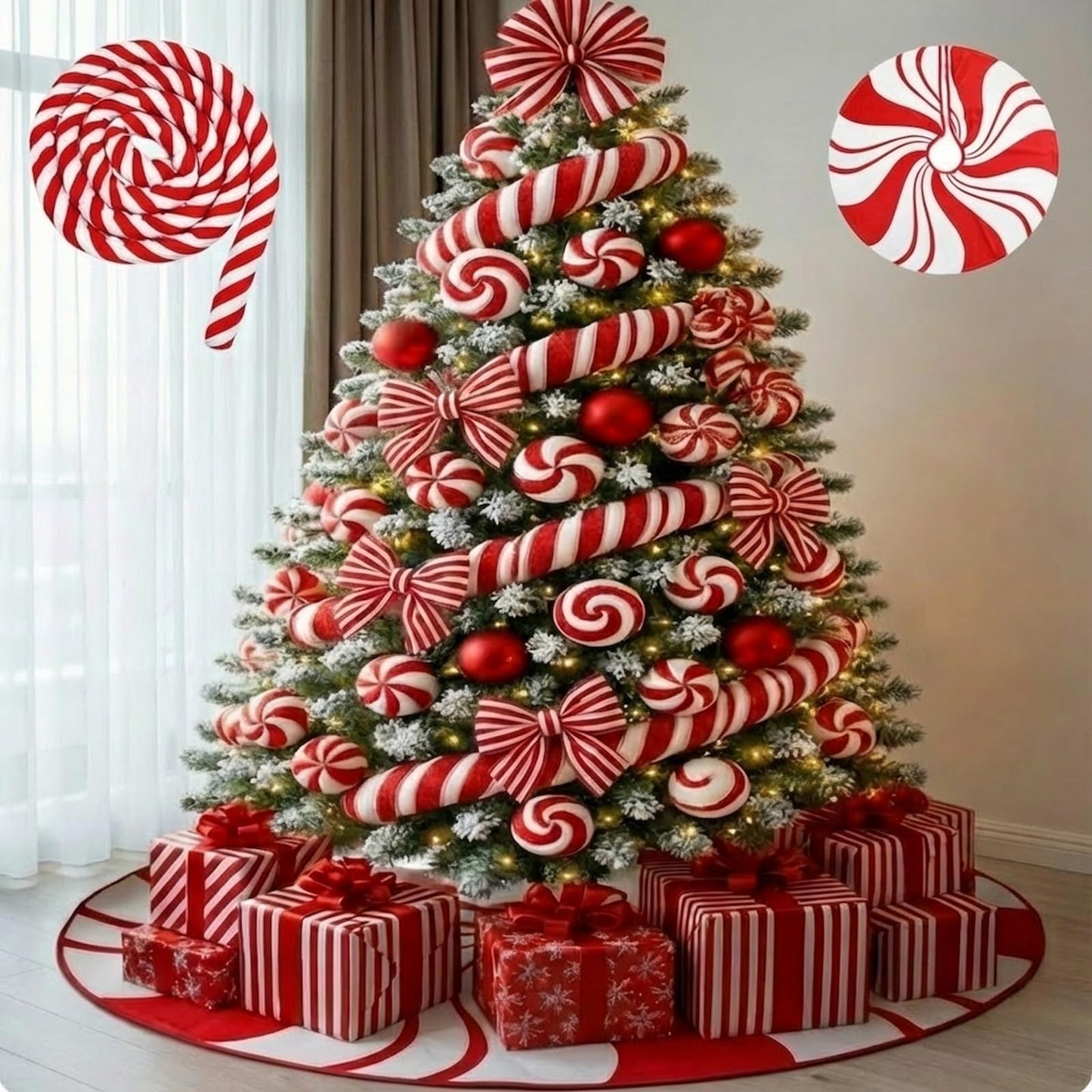 RoundFunny 9.84 ft Christmas Candy Cane Garland with 30 Inch Red Swirl Tree Skirt Red and White Christmas Ornaments Sweet Peppermint Tree Skirt Home Decoration for Xmas Holiday Party Supplies
