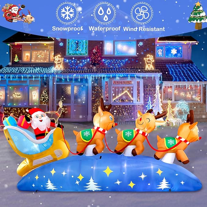 9.5FT Christmas Inflatables Outdoor Decorations Santa Claus on Sleigh with 3 Reindeer Christmas Blow ups Built in LED Lights Inflatable Christmas Decorations for Holiday Garden Lawn