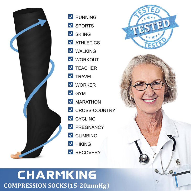 CHARMKING 3 Pairs Open Toe Compression Socks for Women & Men Circulation 15-20 mmHg is Best for All Day Wear Running Nurse (01 Balck/Black/Black, L/XL)