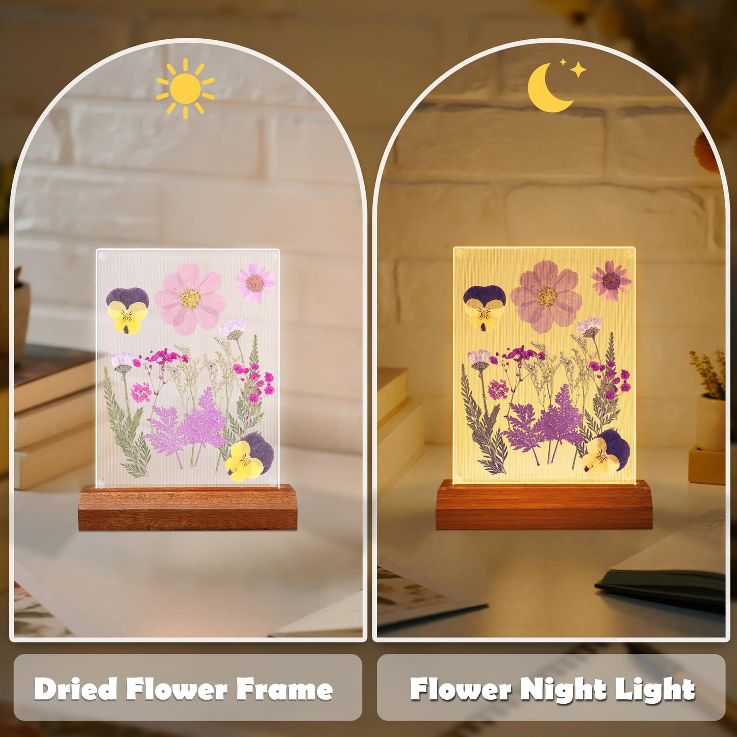 Okayera Dry Flower Frame Night Light, Bedroom DIY Pressed Flowers Kits Lamp With Sapele Wood Base, Home Living Room Decoration Gifts Idea For Mother Friend Lover