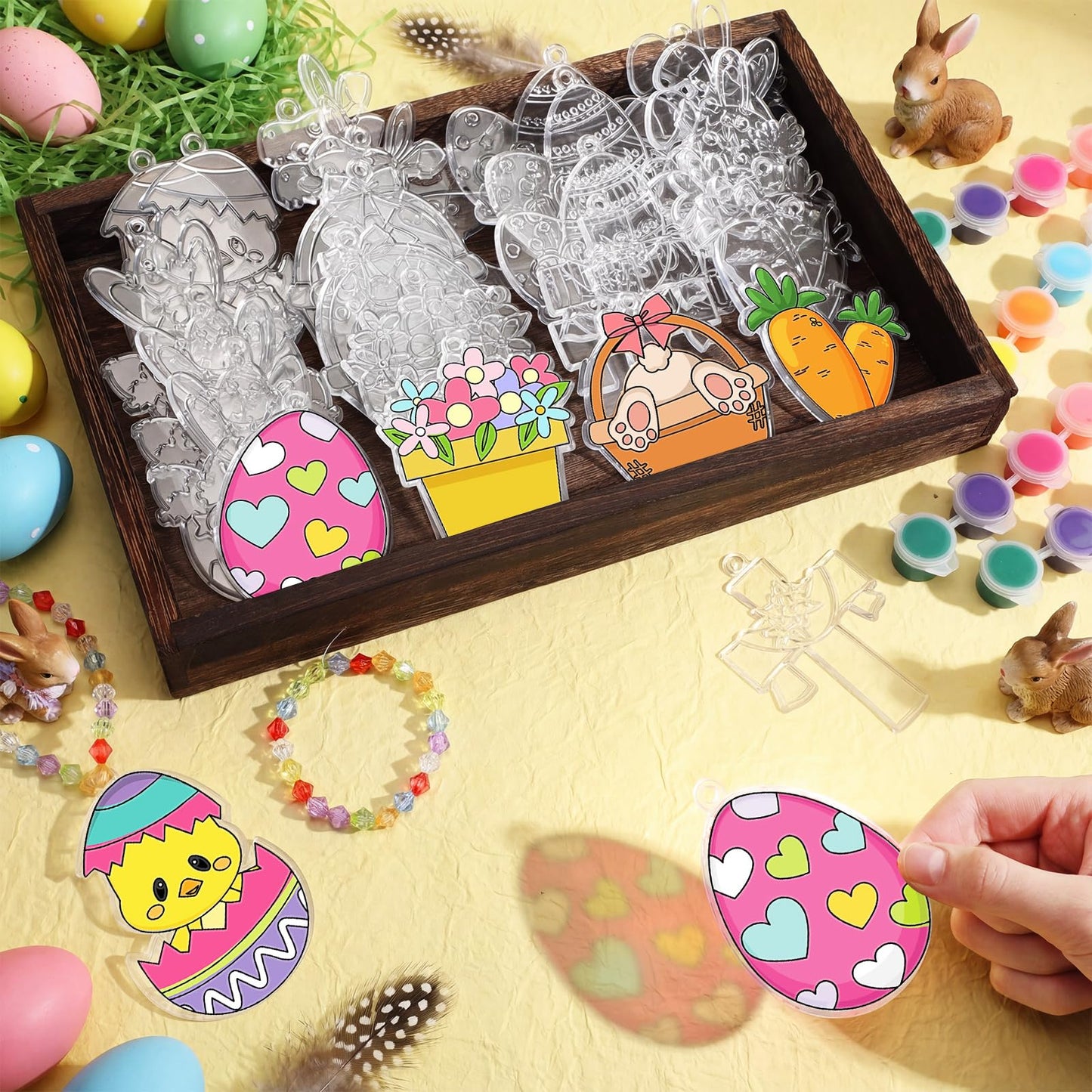 Beeveer 30 Pcs Religious Suncatcher Craft Kit to Paint, DIY Stained Glass Window Ornaments with Cross Bunny Egg Designs, Hanging Faith Decorations for VBS Church Group Activity Home Decor