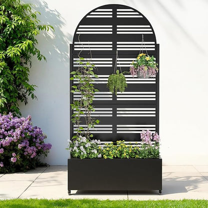 Metal Raised Garden Bed with Trellis & Wheels,72" x 35"x 15.7" Planter Box with Trellis,Privacy Planters for Patio,Garden Bed for Climbing Plants,Suitable for Climbing Plants and Vegetables,Black