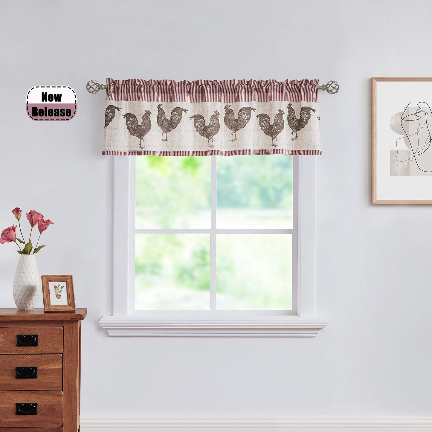 SXZJTEX Farmhouse Rooster Kitchen Boho Rustic Christmas Linen Rod Pocket, Small Stripe Window Curtains for Living Room,Kitchen, Bathroom and Cafa 54"x 15",Red