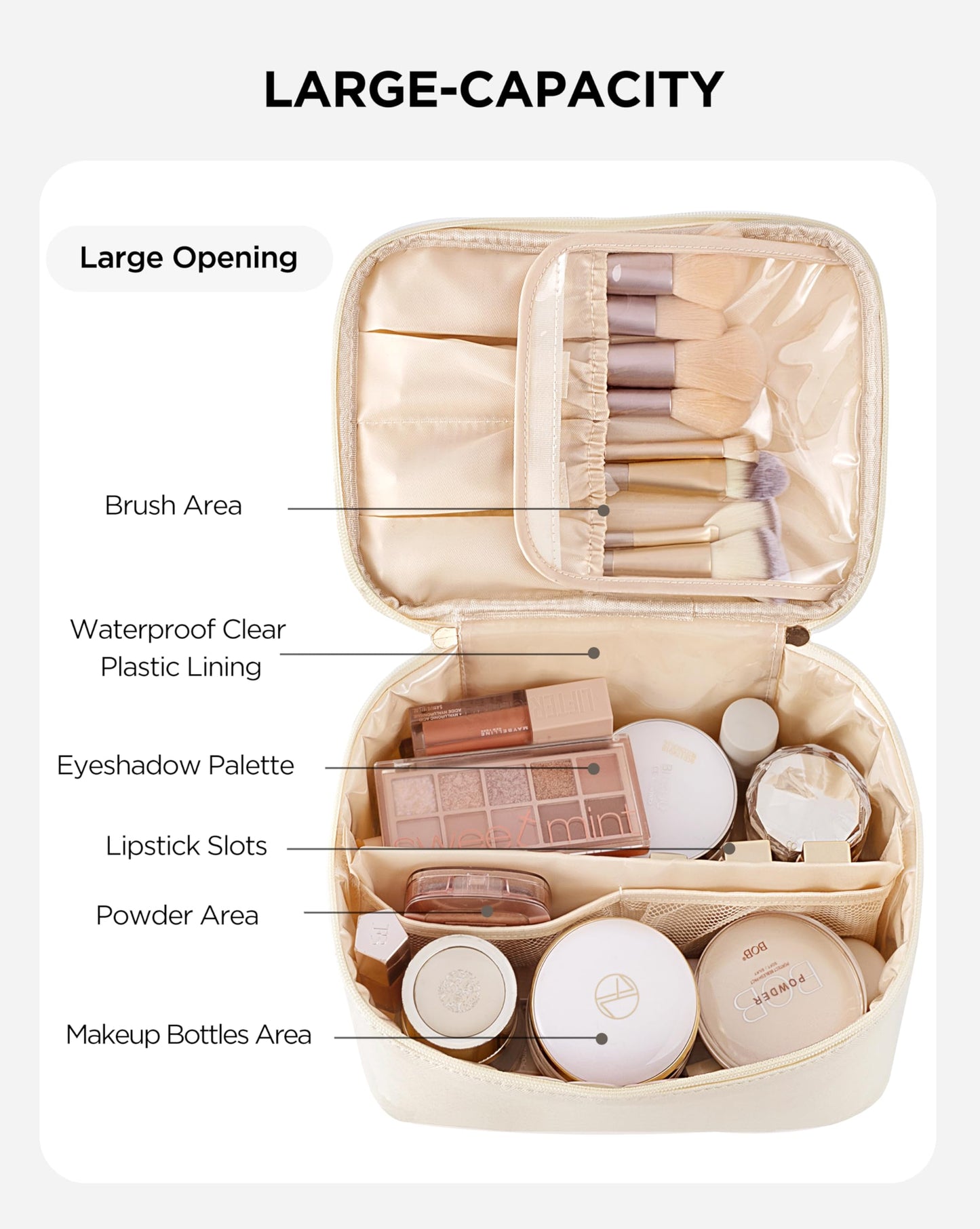 HBlife Travel Makeup Bag Portable Cute Leather Cosmetic Bag Large Make Up Bag Makeup Case Organizer Toiletry Bag for Women Girls with Handle and Removable Divider (Beige)
