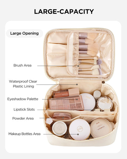 HBlife Travel Makeup Bag Portable Cute Leather Cosmetic Bag Large Make Up Bag Makeup Case Organizer Toiletry Bag for Women Girls with Handle and Removable Divider (Beige)