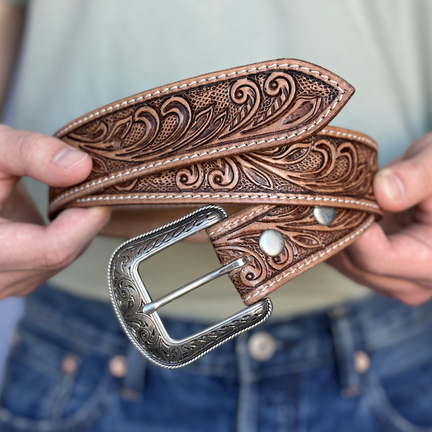DANIEL'S ARTPLANET Western Belt for Men 1.5” Wide Full Grain One Piece Leather Belt with Buckle Handmade Engraved Tooled (Brown, 40)