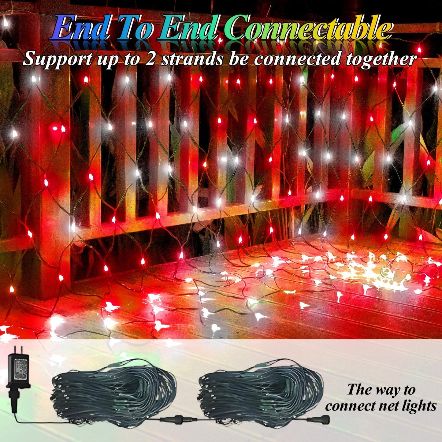 Lovelite Christmas Net Lights Red & White, 14.8ft x 5ft 300LED Mesh Lights Outdoor Green Wire 8 Modes Timer, Waterproof Connectable String Lights for Bushes Xmas Tree Garden Holiday Party Decor