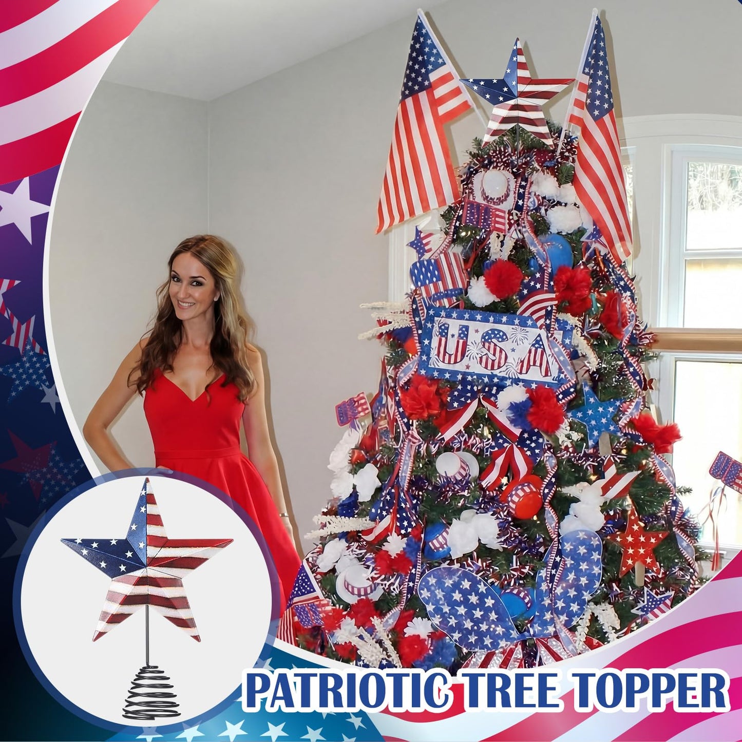 Halloscume 4th of July Rustic Tree Topper 7.8 in Metal Star Patriotic Tree Topper Red Blue White Trees Ornament for 250th Anniversary Independence Day Indoor Outdoor Home Decor Holiday Party Supplies