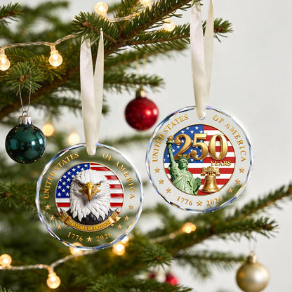 250 Anniversary USA Ornament for Fourth of July Decorations, Crystal Glass 1776-2026 Liberty Bell Memorial Day Decorations, USA 250th Anniversary Merchandise 4th of July Gifts for Men Women