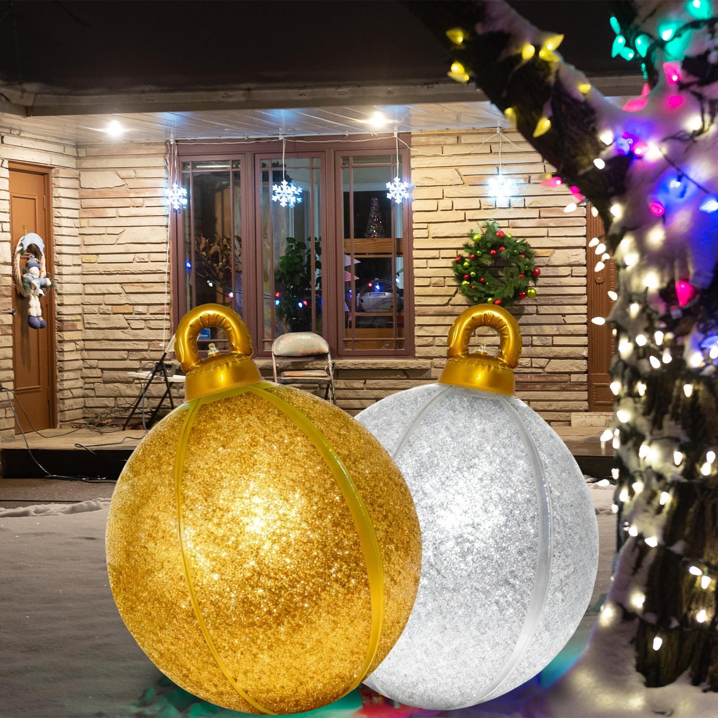2 Pack 24 Inch Inflatable Christmas Balls, Giant Inflatable Ornaments Outdoor, Extra Large Outdoor Christmas Ornaments for Lawn, Porch, and Front Door (Gold and Silver)
