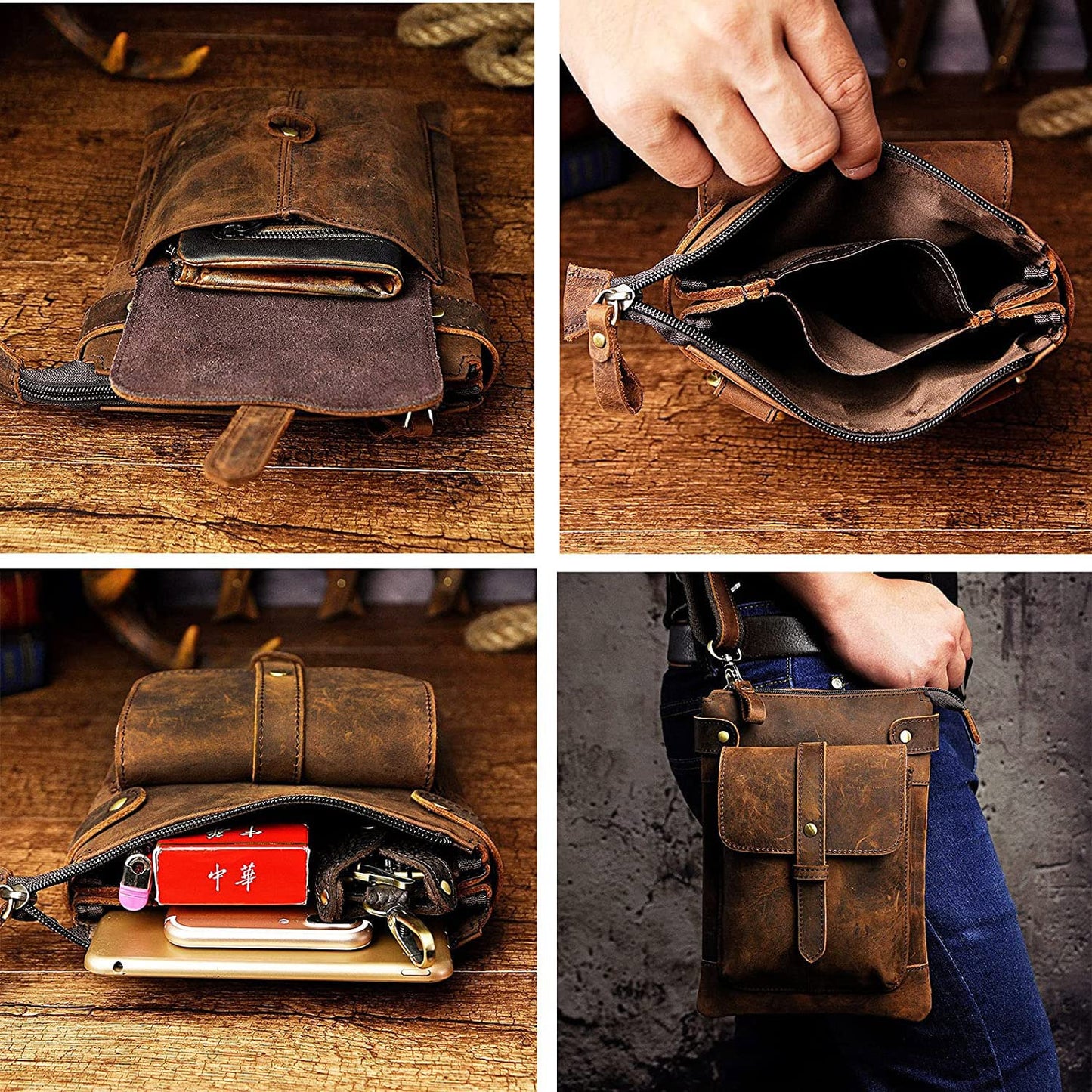 Le'aokuu Mens Genuine Leather Small Messenger Shoulder Satchel Waist Bag Pack 8711 (8711 A-Dark Brown)