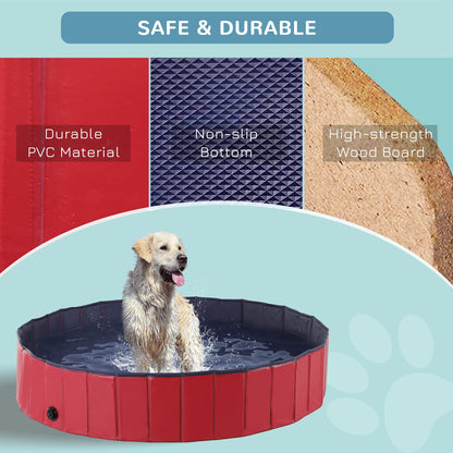 PawHut Foldable Pet Swimming Pool, Portable Dog Bathing Tub, 12" x 63" Plastic Large Dog Pool for Outdoor Dogs and Cats, Red