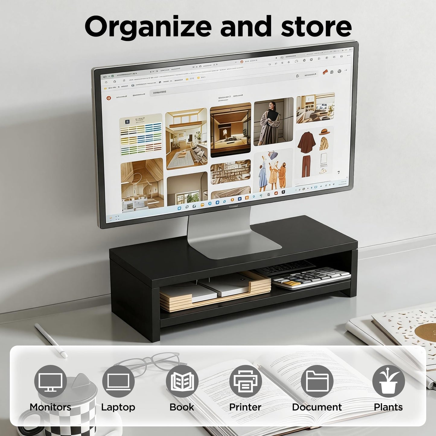 vie poetique Wooden Monitor Stand Riser, 2-Tier Desk Shelf with Storage Organizer, Ergonomic Computer Stand, Storage Organizer for Laptop, Computer, Black, 15.7 Inch
