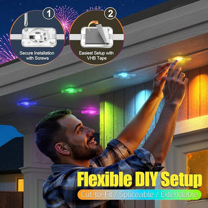 Permanent Outdoor Lights, 50ft RGB+IC Smart LED Lights Outside, IP67 Waterproof Smart Outdoor Decorations with App/Remote Control for Halloween, Christmas, Holiday, Daily, Party