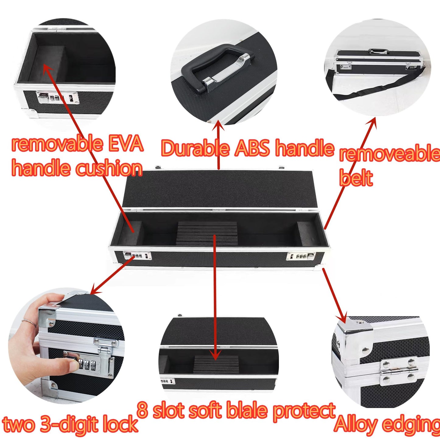 Flydoniso Chef’s Knife Case Aluminum Hard Case with Dual Combination Locks Cultery Carrier Portable Knife Organizer Block Holders Protectors With 8 Slots Can Hold Home Kitchen Knife Tools Up To 17.5”