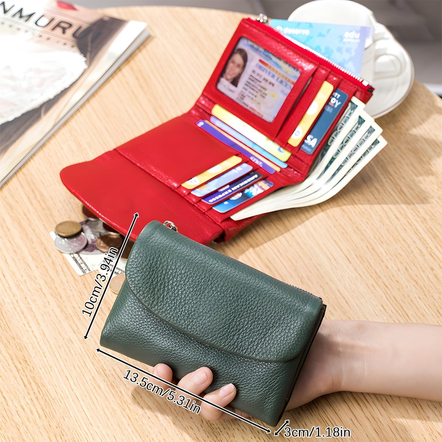 Unisex Pebble Leather Wallet, 5.3In Short Genuine Leather Coin Card Holder, Two zippered pockets, Unisex Clutch Bags, Can Hold Coins, Cards, Id Cards (Dark blue)