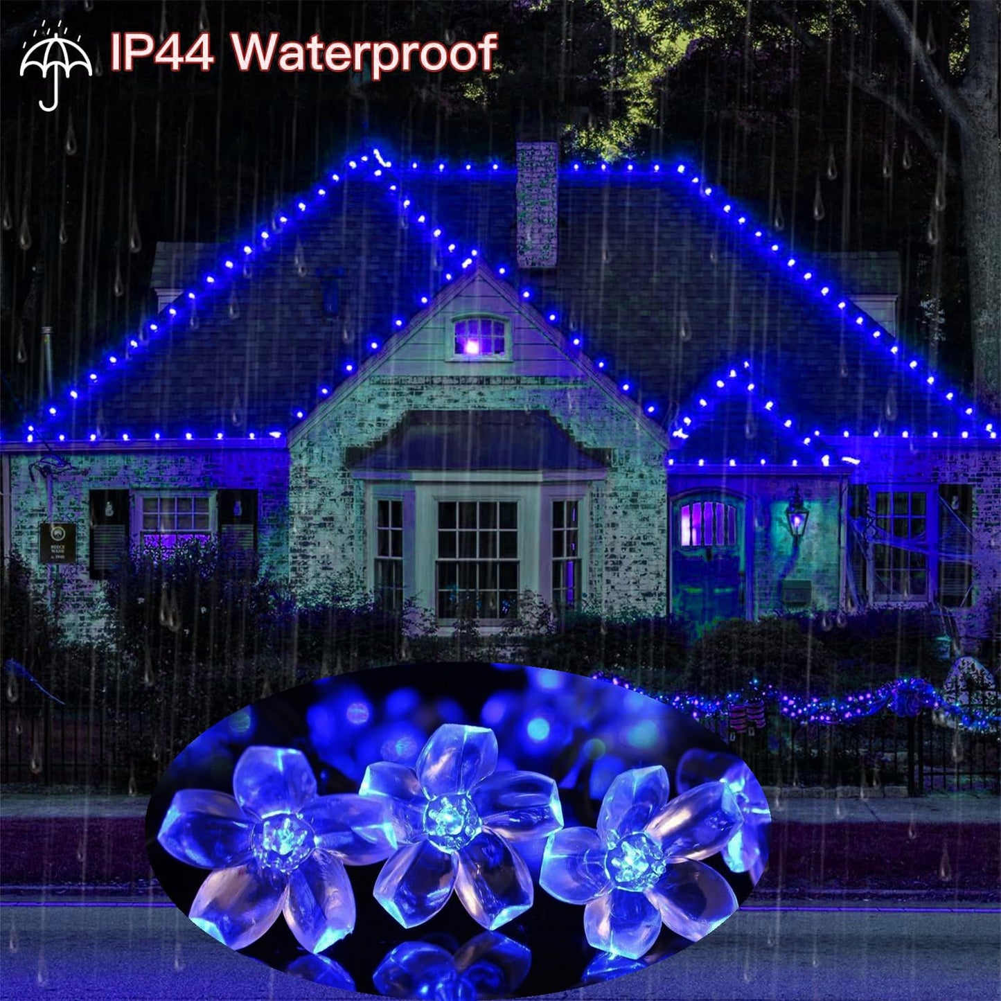 Blue Flower String Lights Indoor Outdoor Decorations, 33ft Connectable Clear Wire 100 LED Cherry Blossom Fairy Light with 8Mode & Memory for Christmas Easter Birthday Wedding Party Bedroom Décor