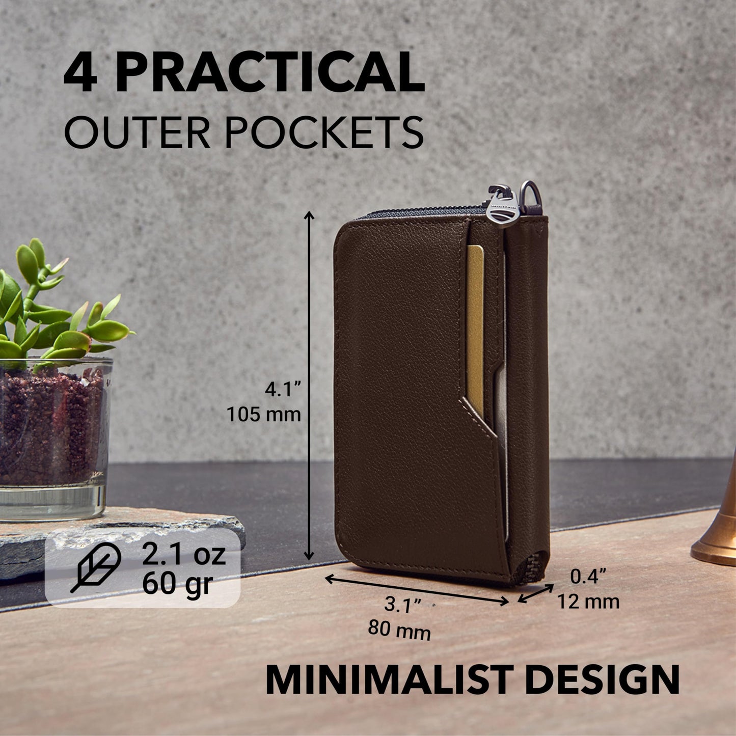 Vaultskin NOTTING HILL Minimalist Leather Zipper Wallet for Women and Men: Slim Multi Cardholder with RFID Blocking and Keychain Ring (Brown)