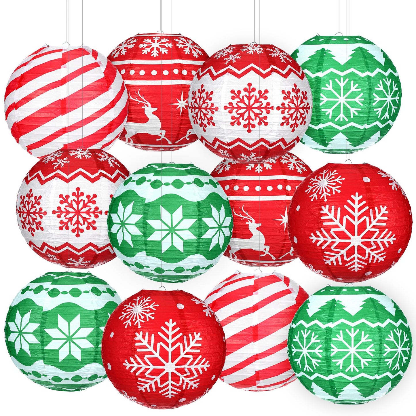 Bencailor 12 Pcs Summer Christmas Hanging Paper Lanterns Set Xmas Decorative Party Round Hanging Lamps for Summer Xmas Home Decoration Supplies Props Holiday Decor(12 Inch,Christmas Tree)