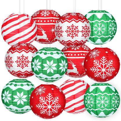 Bencailor 12 Pcs Summer Christmas Hanging Paper Lanterns Set Xmas Decorative Party Round Hanging Lamps for Summer Xmas Home Decoration Supplies Props Holiday Decor(12 Inch,Christmas Tree)
