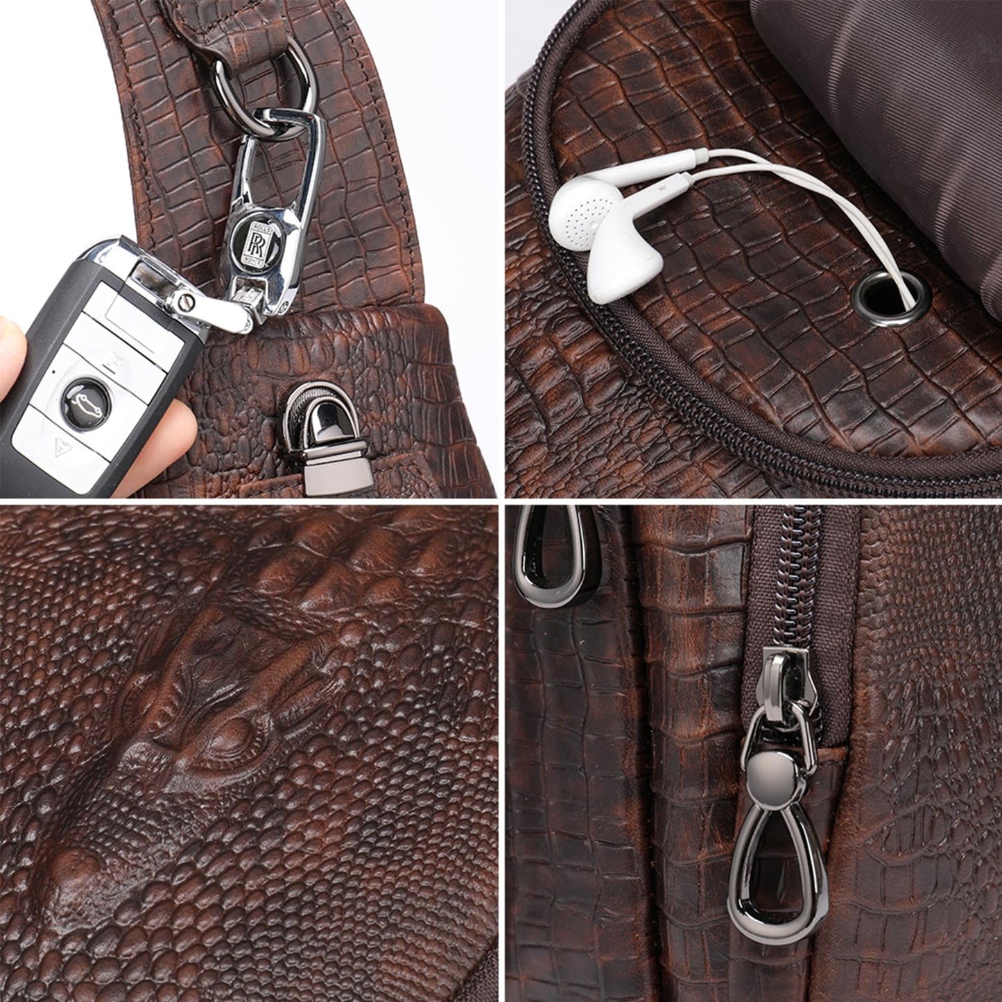 NIUCUNZH Crocodile Pattern Leather Sling Bag with Leather Strap, Zipper Crossbody Shoulder Bags Purse for Travel Hiking Brown