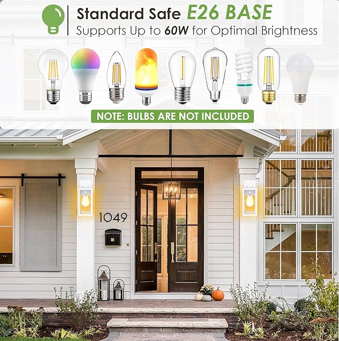 GRUENLICH Waterproof Large Outdoor Wall Lanterns, Modern White Porch Sconces with Clear Glass Shade, E26 Socket Max 60W, IP65 Rated, Metal Frame, for Patio, Front Door, Entryway, 2-Pack