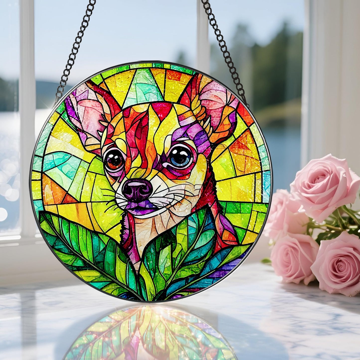 DOUHASU 8″ Stained Glass Window Hanging Ornament, Vibrant Chihuahua Stained Glass Suncatcher Ornament, Sun-Catcher Window Decor | Gifts for Dog Lovers, Dog Lover Gift, Pet Lover Gift
