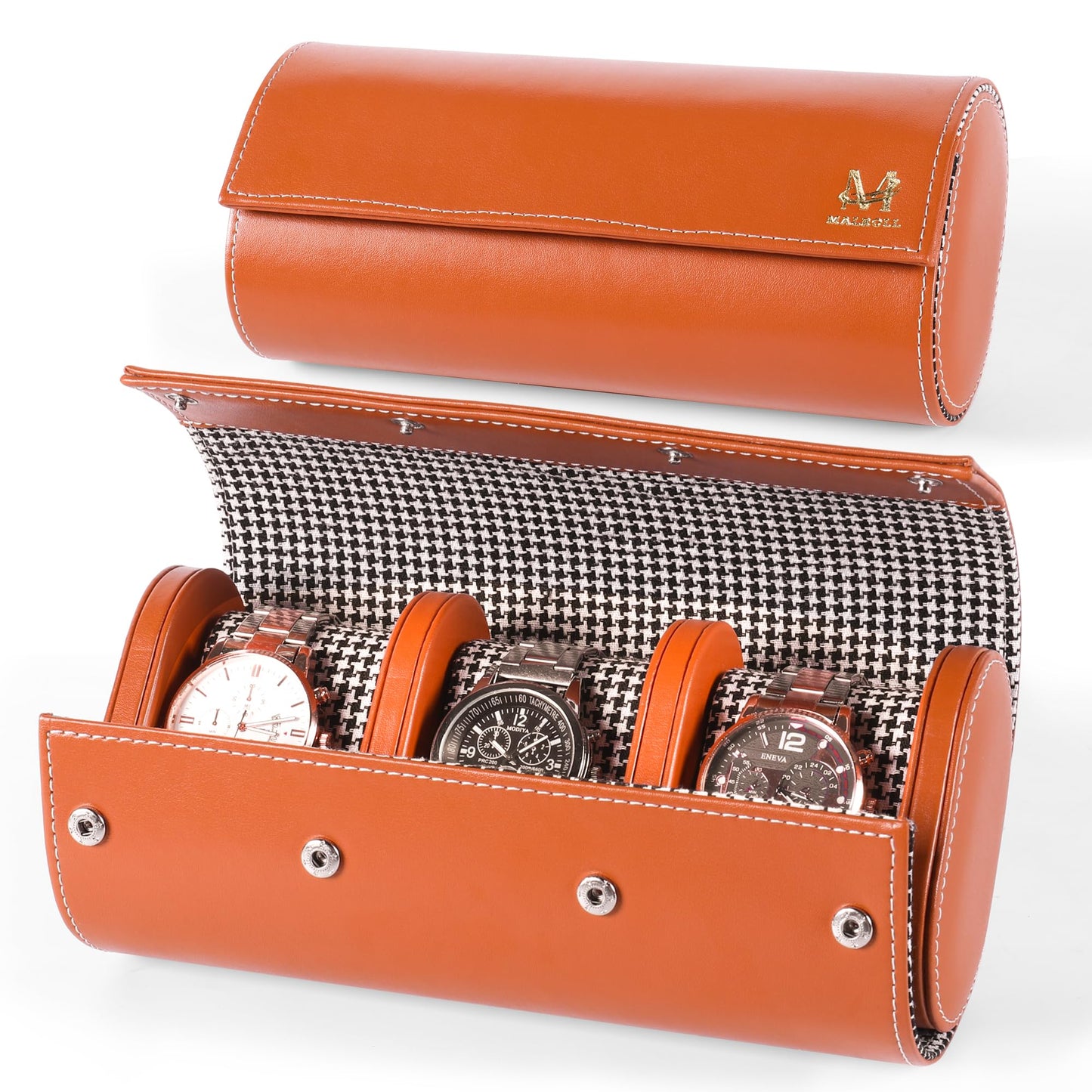 MALROLL Genuine Leather Watch Roll Travel Case & Watch Case for Men – 3 Watch Roll with Dividers & Removable Snap Pillows – Watch Case for Travel & Display