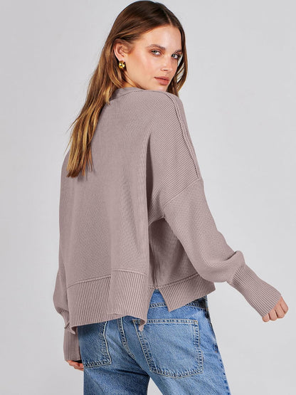 ANRABESS Womens Cropped Sweaters Oversized Crewneck Long Batwing Sleeve Side Slit Ribbed Knit Pullover Tops 2025 Fall Clothes