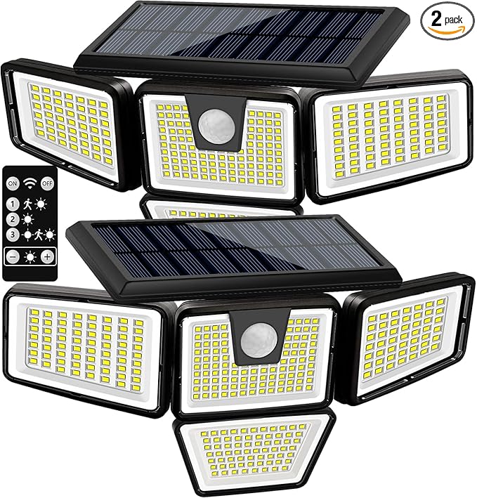 AmeriTop Solar Lights Outdoor, 2 Pack 300 LED High Brightness Cordless Solar Motion Sensor Lights; 4 Adjustable Heads,320° Wide Angle Illumination, IP65 Waterproof, Security LED Flood Light(Daylight)