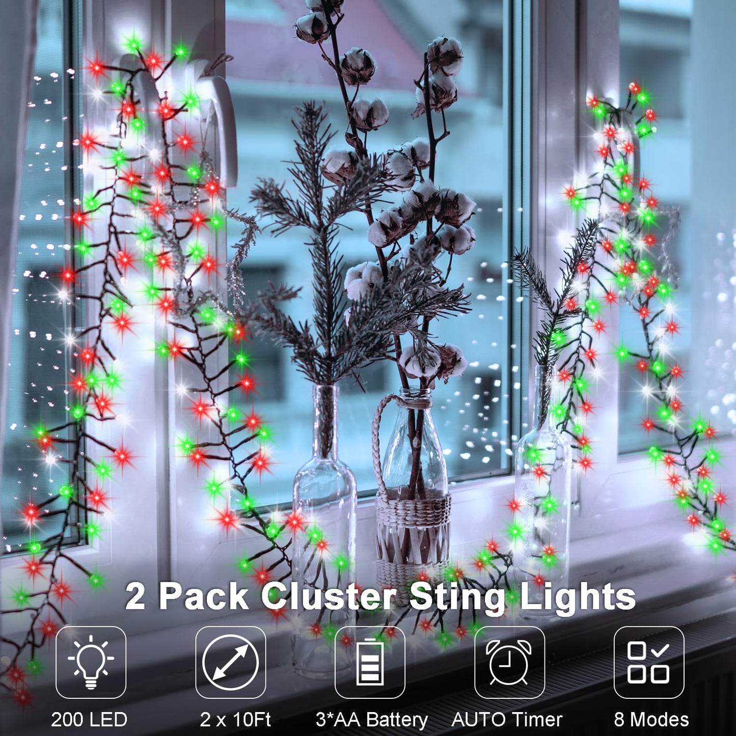 BSGlobal 2 Pack Christmas Lights Red White Green, Total 20Ft 400 LED String Lights with Timer 8 Modes Cluster Firecracker Light for Tree Room Garden Outdoor Decor