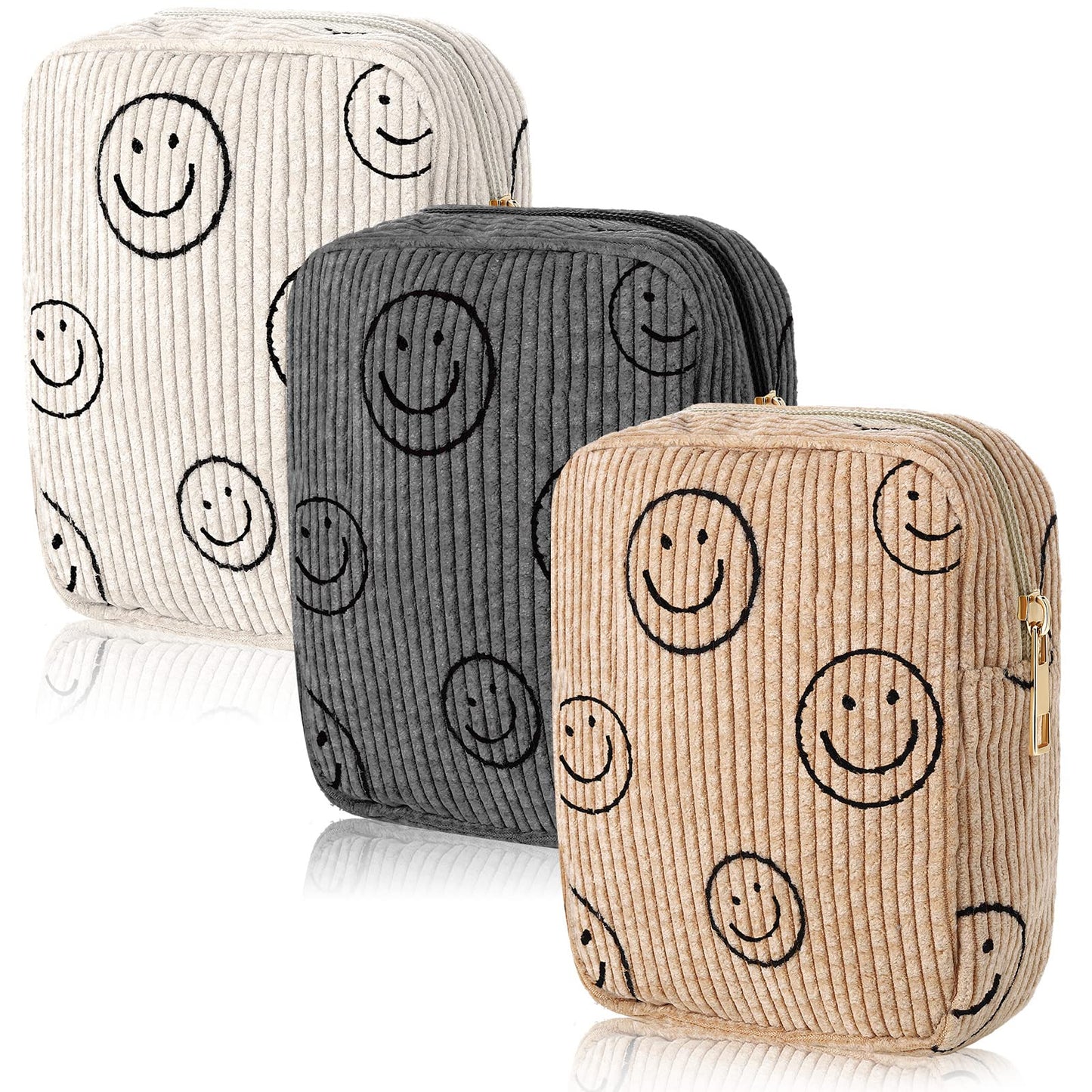 Photect 3 Pcs Small Mini Makeup Bag for Purse Corduroy Cute Cosmetic Bag Smile Face Pencil Pouch Purse Travel Makeup Bags for Women Gifts(Stylish,White, Gray, Yellow)