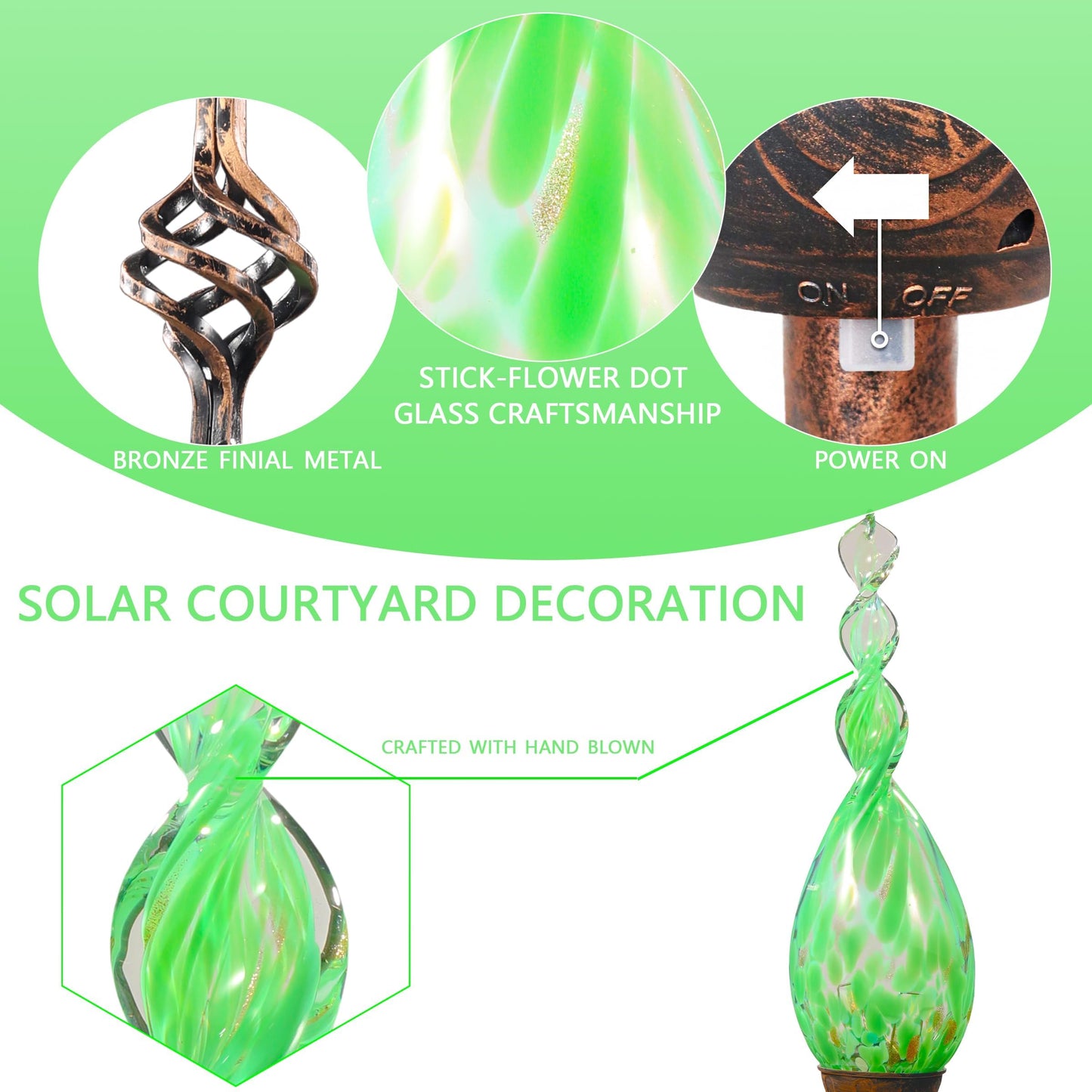 Garden Solar Lights, Green Flame Solar Lights Outdoor - Hand Blown Glass Decorative Garden Pathway Lights Outdoor Waterproof Flame Glass Stakes