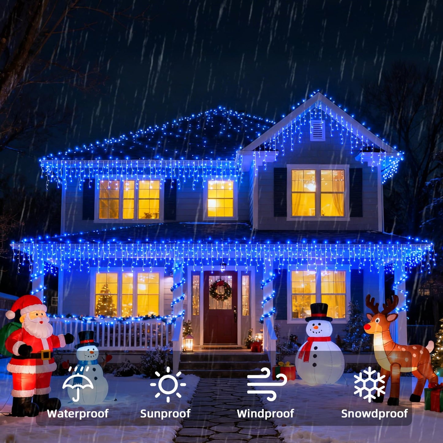 BYIZO Christmas Outdoor Icicle Lights - 200 LED 21+16 FT 8 Modes Curtain Fairy String Light Plug in, Waterproof for Eaves Yard Holiday Xmas Holiday Indoor Outdoor Decoration - Blue