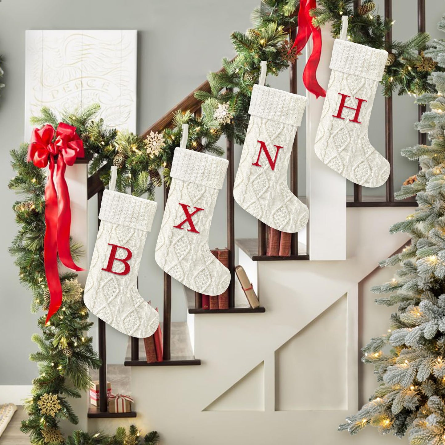 Yoochee 21 Inches Knitted Christmas Stockings with Initials, Large White Custom Monogram Embroidery Christmas Stockings with Letter, Personalized Xmas Decoration for Holiday Family Party-B